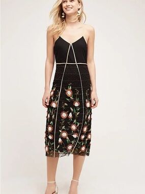 Black Embroidered Floral Midi Slip Dress with Contrast Piping
